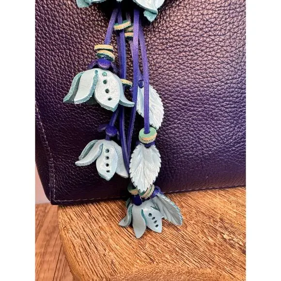 Leather Flower Purse Charm Genuine Leather Blue Mum Dahlia Bag Charm NeW! - Picture 4 of 5